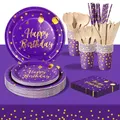 PYAILI 193 Pieces Happy Birthday Partygeschirr Set | Kindergeburtstag Lila Gold Pappteller | Tablecloth, Plates, Cups, Napkins, Papier Strohhalme und mehr (24 Gästes)