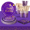 193 Pieces Happy Birthday Partygeschirr Set | Kindergeburtstag Lila Gold Papp...