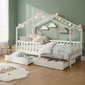 Bellabino Bia Kinderbett 80x160 cm – Hausbett mit Rausfallschutz, Lattenrost & 2 Schubladen – Montessori Kinder Bett aus Massivholz Kiefer – Bett für Jungen und Mädchen mit Stauraum in Weiß