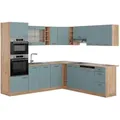 Vicco Eckküche, Blaugrau, Honigeiche, Holzwerkstoff, L-Form,Formgebogen, 247x81.6x60 cm, Küchen, Eckküchen, Eckküchen ohne Geräte