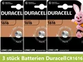3 x Duracell CR1616 DL1616 Lithium Batterie Knopfzelle 3V Blister