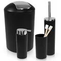 WENKO Bad Accessoire Set Mod. Calvo, 4-teilig, Zahnputzbecher, 380 ml Seifenspender, geschlossene WC-Garnitur inkl. WC-Bürste & 6,5 L Schwingdeckeleimer, schwarzer Kunststoff mit Chrom-Details