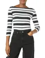 Amazon Essentials Damen Bateau-Ausschnitt T-Shirt mit 3/4-Ärmeln, Schmale Passform, Schwarz Weiß Platzierter Streifen, S