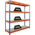 PROREGAL Profi Schwerlastregal Rhino HxBxT 200x200x60cm 4 Spanplatten-Ebenen 16mm Fachlast 500kg Blau/Orange Stecksystem Lagerregal Steckregal