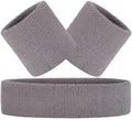 Hatstar 3-teiliges Schweißband Set | 1x Stirnband + 2X Schweißbänder für Handgelenke | Sport Stirnband Damen & Herren | Accessoire für Karneval & Fasching | Headband Wristband für Jugendliche (grau)