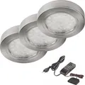 SSC-LUXon 3er Set LED Unterbau-Leuchte Edelstahl gebürstet rund, 2W warm-weiß, Ø65mm inkl.Trafo und 6-fach Verteiler