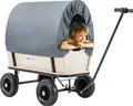 Miweba Holz Bollerwagen Canvas | Mit Planendach - Deichselgeführte Lenkachse - Hartgummireifen - bis 180 Kg - 70L Fassungsvermögen (Grau/Holz)