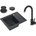 VBChome Spülbecken Granit Schwarz mit Armatur 55 x 44 cm Einzelbecken Einbauspüle Gesprenkelt Reversibel Granitspüle Schwarz Siphon Waschbecken - Schwarz