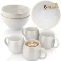 SÄNGER Korfu I Frühstücksset 8 tlg für 4 Personen, Steingut Geschirr Handmade I Frühstück & Kaffee, Je 4x Müslischale & Kaffeebecher Creme mit Sandiger Maserung | PREMIUM COLLECTION