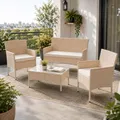 Juskys® Polyrattan Sitzgruppe Fort Myers Creme mit Sand Bezüge 4 Personen mit 2er Sofa, 2 Stühle, Tisch & Sitzkissen wetterfest Balkonmöbel Gartenmöbel Set