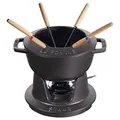 STAUB Fondue Set mit 6 Gabeln, Gusseisen, Rund, 18 cm, 1,6 l, Geeignet für Käse- Schoko- und Fleisch-Fondue, Schwarz