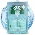 FLEXEO Augenspülstation inkl. 2 × 500 ml Kochsalzlösung und Wandhalterung | Augenspülung, Augendusche, Eyewash station | sterile NaCl 0,9% Augenspüllösung