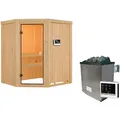 Karibu Woodfeeling Sauna Faurin - 68 mm Aktionssauna Bronzierte Ganzglastür Ohne Dachkranz 9 kW Ofen inkl. Steuergerät
