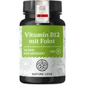 NATURE LOVE® Vitamin B12 Vegan - 500 µg pro Tagesdosis - 180 Tabletten - Beide aktive Formen Adenosyl- & Methylcobalamin + Depot + Folat 5-MTHF aus Quatrefolic® - Hochdosiert und laborgeprüft