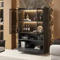 Merax Standvitrine mit LED-Beleuchtung, 16 Farben, Glastüren, Klapptür, 120x80x35 cm, Matt Schwarz, Wohnzimmer-Schrank mit Stauraum - Schwarz