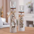 Holz Windlicht Säule "Blüten" 30 + 35cm Shabby Look 2er Set Glas Teelicht Halter