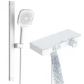 Rainsworth Duschsystem mit Thermostat und Glasablage, 3 Strahlart(en), 26x26 cm, und Unterer Auslauf - Duschset Regendusche mit Armatur, Matt Weiß