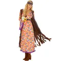 dressforfun® Hippie Kostüm Damen - Langes Kleid mit Blumenmuster, Veloursleder Weste, Haarband, 70er Jahre Outfit, Flower Power Verkleidung, Retro Kostümset, Fasching, Karneval, Mottoparty
