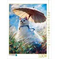 CALVENDO Puzzle Katze auf Wiese mit Sonnenschirm im impressionistischen Stil 1000 Teile Lege-Größe 64x48cm Foto-Puzzle für glückliche Stunden
