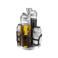 GEFU KIPPO Essig-Öl & Gewürzmenage 5tlg | Borosilikatglas & Edelstahl | 2 Dosierer + 2 Streuer im Drehkarussell | Aromaschutz & Tropfschutz