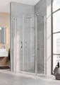 Kermi Pega Runddusche mit Pendeltüren und Festfeldern Klarglas hell mit Beschichtung KermiClean Anschlag frei wählbar Silber hochglanz Radius 550 Montage auf Duschwanne oder bodengleich 90 cm x 90 cm x 200 cm - PEP5509020VPK