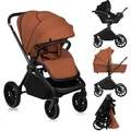 Lionelo Kombikinderwagen Mika Plus 3in1 bis 38 Monate (22kg), XXL-Verdeck mit UPF50+, 3-stufige Verstellung des Elterngriffs - Brown Rust - Braun