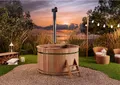FinnTherm Holz Badefass Bergen, Hot Tub Ø 180 x 110 cm für 5-6 Personen, inkl. Edelstahl-Ofen 22 kW, Einstiegsleiter & Sitzbänken