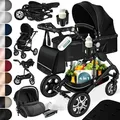 KESSER® Loops Kinderwagen 4 in 1 Kombikinderwagen Komplett-Set auch als Buggy für Kinder bis 4 Jahre inkl. Babywanne, Babyschale + Fußsack, Korb... - Schwarz