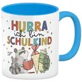 speecheese Tasse Tiere zur Einschulung Kaffeebecher in hellblau mit Spruch Hurra ich