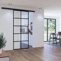 Loft Glasschiebetür 880x2035mm klar 10 Felder schwarz Glas Tür Komplettset mit Stabgriff