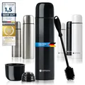 Edelstahl Thermosflasche mit Becher & Bürste; Thermoskanne Doppelwandige Isolierkanne; Auslaufsicher, Spülmaschinenfest & BPA-frei + Reinigungsbürste; hält Getränke heiß & kalt (Schwarz - 1000 ml)