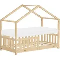 ML-Design Kinderbett Hausbett 70x140 cm Natur mit Matratze H:10cm, Rausfallschutz Lattenrost und Dach, Spielbett aus massivem Kiefernholz Bodenbett - Naturbelassen
