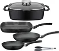 GSW Topf-Set Gourmet Granit, Aluminiumguss (Set, 5-tlg., 1 Bräter, 1 Grillpfanne Ø 28cm, je 1 Bratpfanne Ø 20/24cm, 1 Kochzange), Induktion