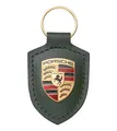 Original PORSCHE Metall- Wappen Schlüsselanhänger Leder Oakgrün metallic grün
