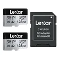 Lexar Silver Plus Micro SD Karte 128GB 2-Pack, Bis zu 205 MB/s Lesegeschwindigkeit, 150MB/s Schreibgeschwindigkeit, Speicherkarte Micro SD mit Adapter, UHS-I, A2, U3, V30, Klasse 10, 4K UHD microSDXC