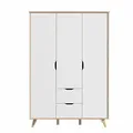 FORTE VANKKA Schrank 140 200, Kleiderschrank 2 Schubladen, Schlafzimmerschrank Jugendzimmerschrank, Kinderzimmer Skandinavisch 3-türig Weiß / Planked Eiche, 139 cm breit x 201.5 cm hoch x 53 cm tief