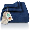 LAYNENBURG Premium Musselin Tagesdecke 150x200 cm - 100% Baumwolle - extraweiche, leichte Sommerdecke als Kuscheldecke, Bett-Überwurf, Baumwolldecke, Couch-Überwurf - warme Sofa-Decke (Blau)