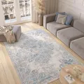 TAPISO Valley Teppich Kurzflor Weiß Grau Blau Vintage Blumen Used Effekt Meliert Verwischt Wohnzimmer Schlafzimmer ÖKO-TEX 80 x 150 cm