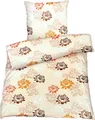 Hochwertige Biber Bettwäsche Baumwolle Blumen Beige Orange 155x220 80x80: 2tlg.