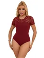 Lau-Fashion Body Unterwäsche mit Transparent Spitze Stoff Rot Rundhals Langarm S/M