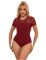 Sexy Damen Body Unterwäsche Transparent Spitze Stoff Rot Rundhals Kurzarm S/M