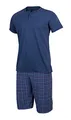 HEYO Schlafanzug Herren Kurz Pyjama aus Baumwolle Zweiteiliges Set Shorts T-Shirt (Dunkelblau Karriert, XL)