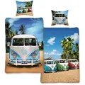 VW Volkswagen Bulli Bettwäsche Life 135 cm x 200 cm + 80 cm x 80 cm VW-Bus T1 100% Baumwolle in Renforcé-Linon-Qualität Camper Van Retro Beach Surfen Bus Wendebettwäsche Reißverschluss Motiv 062