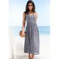 LASCANA Sommerkleid aus Leinenmix mit Zierknopfleiste mit Pünktchendruck Midikleid, Strandkleid, Webkleid, Leinenkleid blau 36