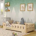 ACMA Kinderbett 140x70 cm MIKI L Holz Natur - Juniorbett aus Sperrholz mit Lattenrost, Montessori Bodenbett, Kinderzimmer Bett, stabiles Holzbett - Naturbelassen