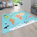Paco Home Kinder-Teppich Für Kinderzimmer, Spiel-Teppich, Weltkarte Mit Tieren rutschfest In Türkis, Grösse:80x150 cm