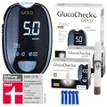 GlucoCheck GOLD Blutzuckermessgerät-Set (mmol/L) + 110 Blutzuckerteststreifen, 10 Lanzetten, 1 Stechhilfe, 1 Etui, Maxi-Sparset zur Blutzucker-Selbstkontrolle