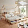 [en.casa] Kinderbett mit Ausziehbett Aarghonmaa Hausbett mit 1 Matratze 90 x 200 cm Holzbett für Kinder Bettgestell inkl. Lattenrost Rausfallschutz und 2 Schubladen Kiefernholz Natur
