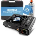 ZMC Gaskocher Gaskocher 1-flammig + Aufbewahrungskoffer + Gaskartuschen 227g Schwarz, (Butangas Campingkocher für Innenraum/Outdoor, Campinggaskocher 2,2 kW mit Piezozündung, Piezozündung), Kochfeld Gaskocher mit Kartusche, Gaskochfeld für Camping ZMC Gaskocher + 8x Gaskartuschen 227g