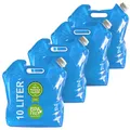 plasteo 4X 10L Faltkanister Trinkwasser BPA-frei – platzsparender Wasserkanister für Notfallvorsorge, Blackout, Vorratshaltung, Camping & Haushalt, lebensmittelecht, blau transparent, mit Deckel